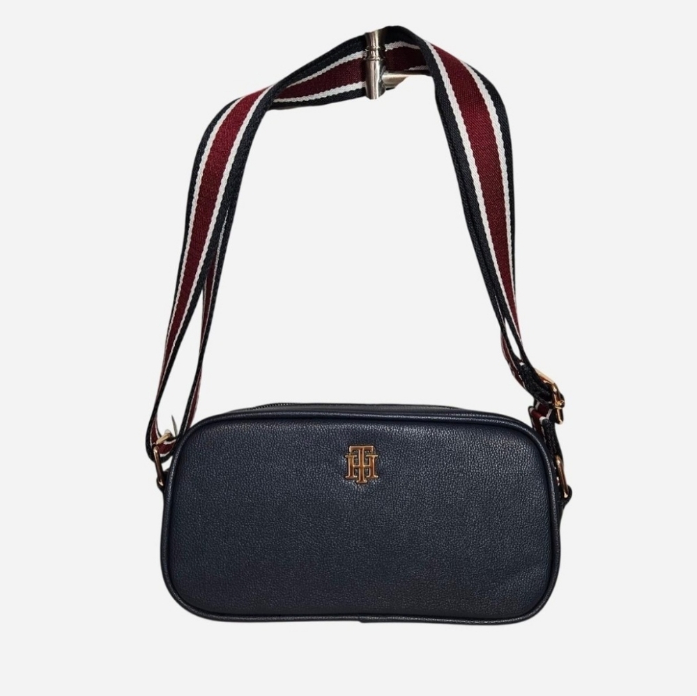 Tommy Hilfiger Navy Leather Crossbody with Red & White Striped Strap